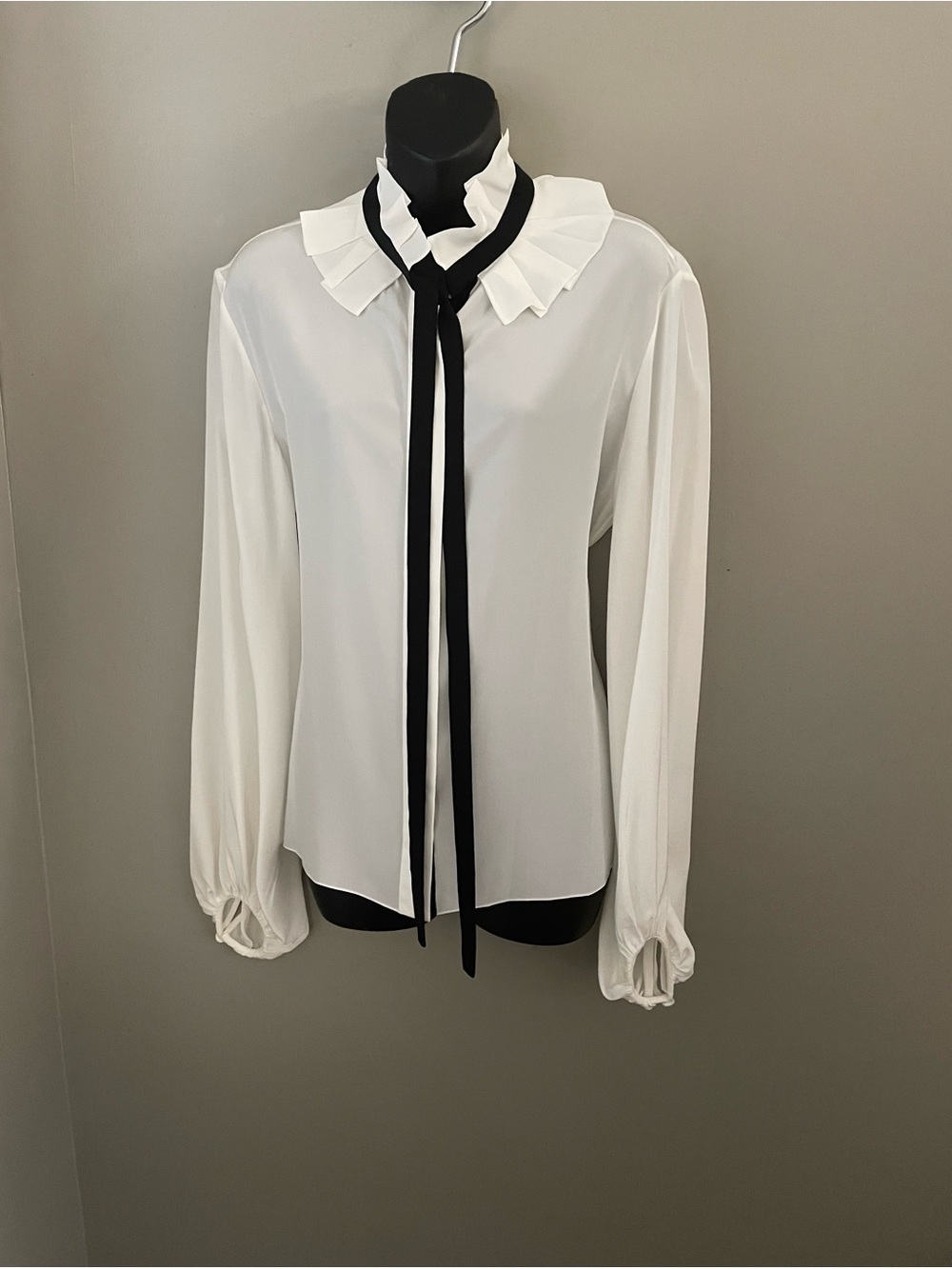 Chloe Milk White Silk Blouse with Black Tie